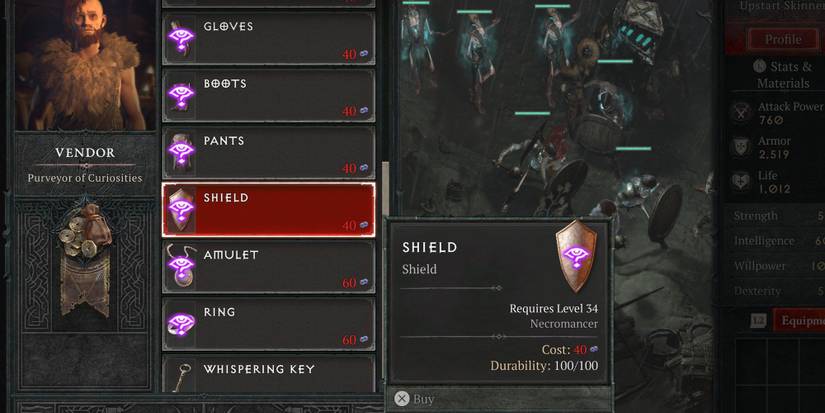 A player purchasing a Shield from the Purveyor of Curiosities in Diablo 4