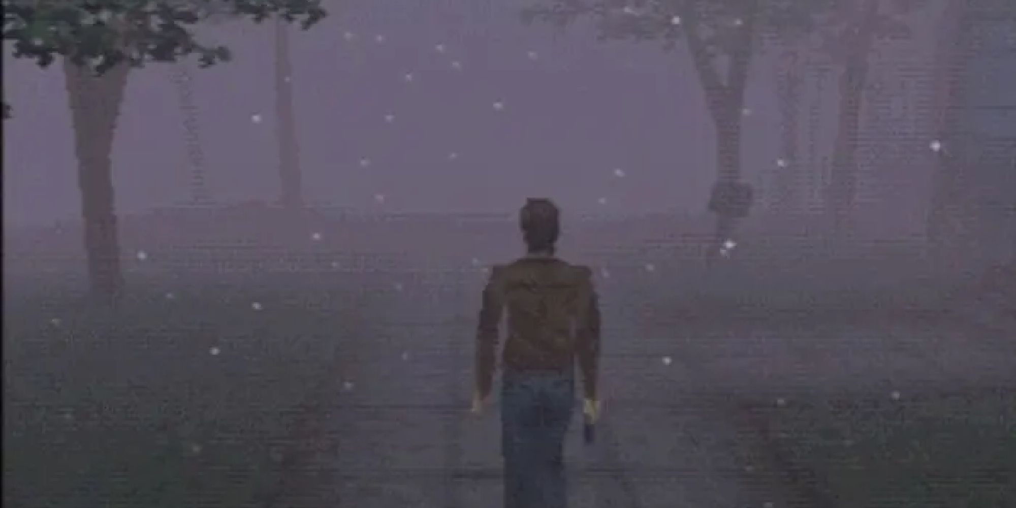 Harry Mason walking down a street, the view obscured by the fog and ash in the world. 