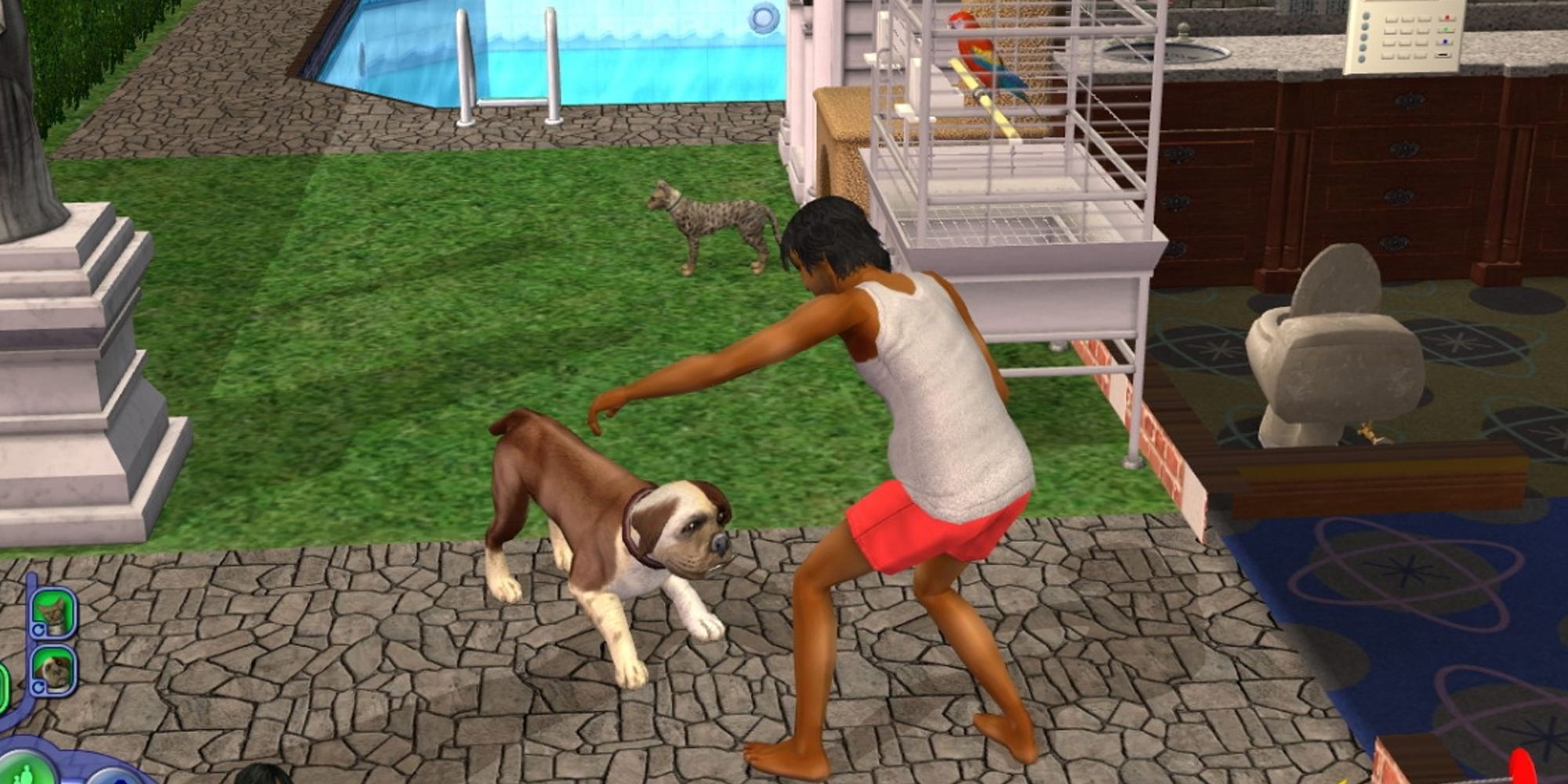 Sim playing with their dog with a cat and parrot in the background in The Sims 2: Pets