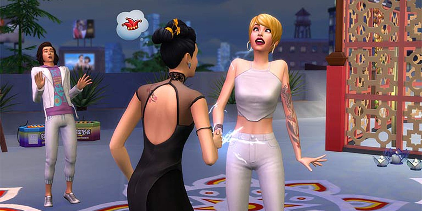 A Sim is pranking her friend on the Chaos Day holiday with an electric handshake buzzer