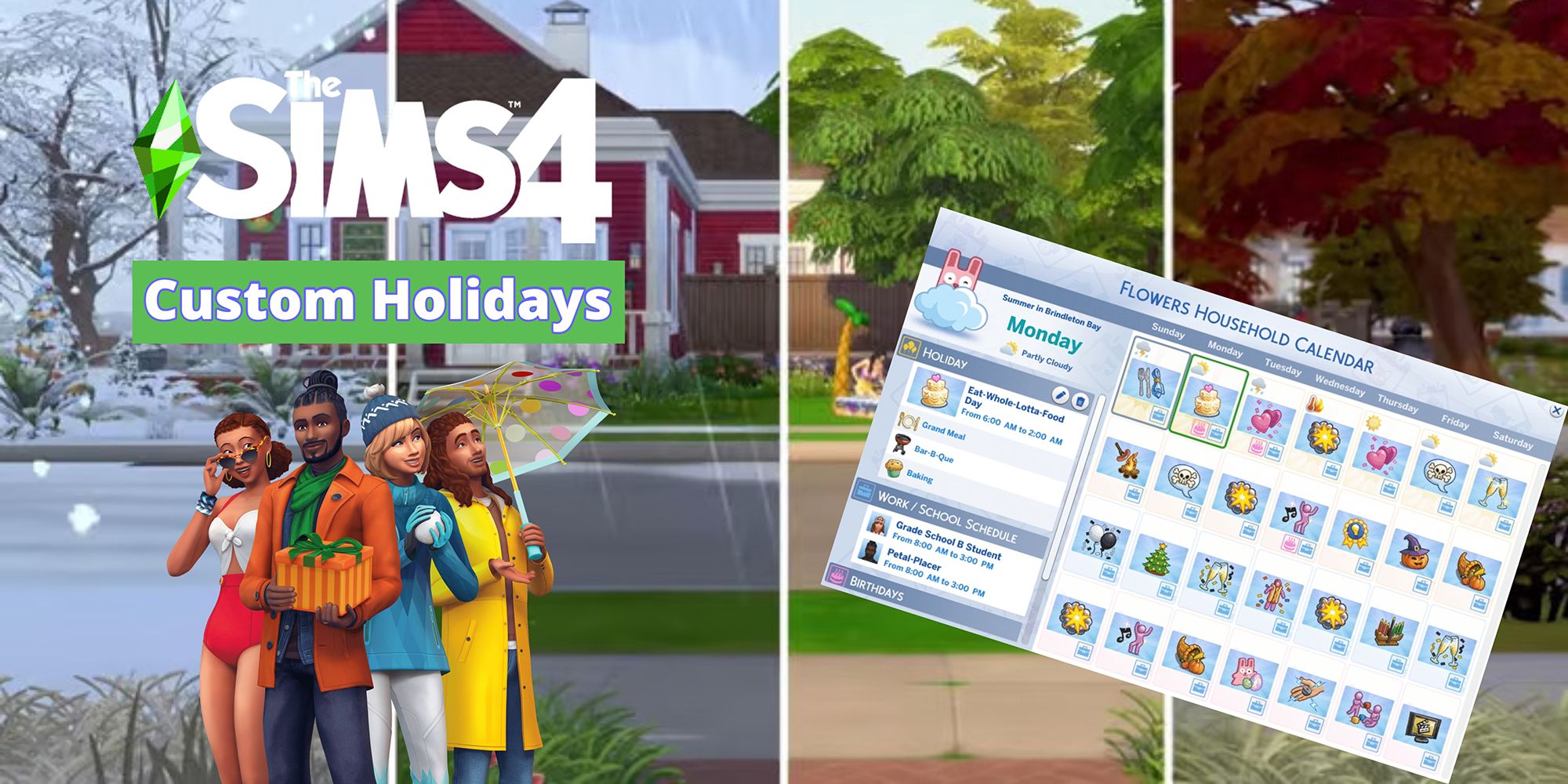 A promotional collage about custom holidays in the Sims 4 