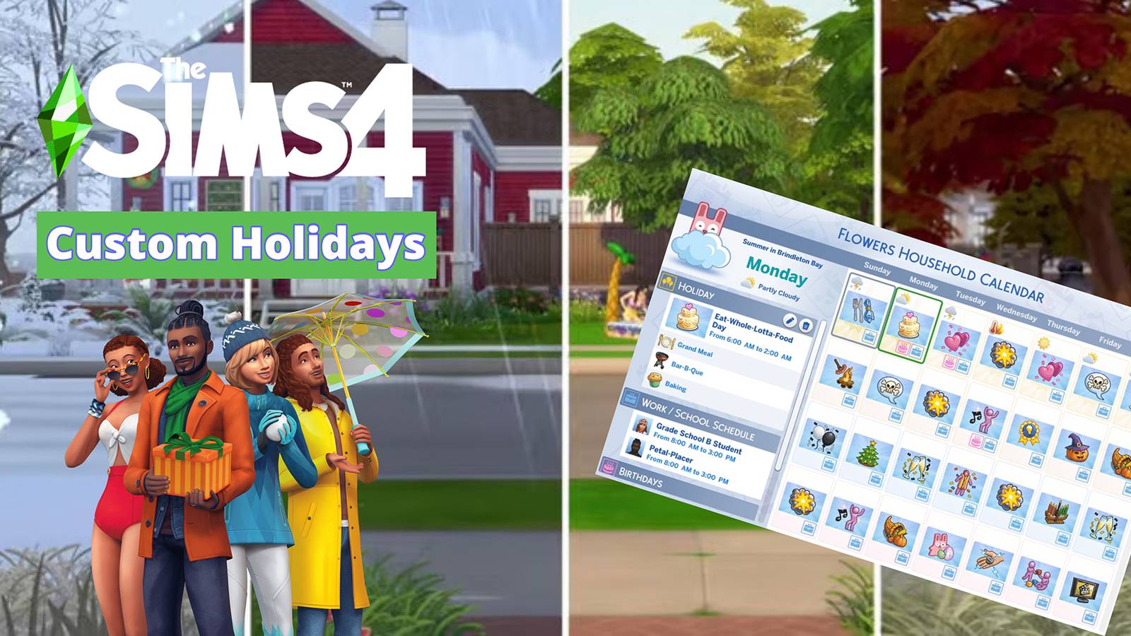 A promotional collage about custom holidays in the Sims 4 