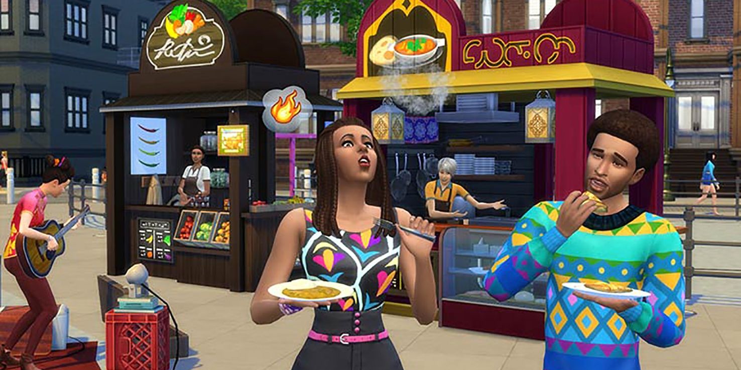 On the Day of the Arts holiday, a group of Sims enjoy spicy cultural dishes and listen to live performances