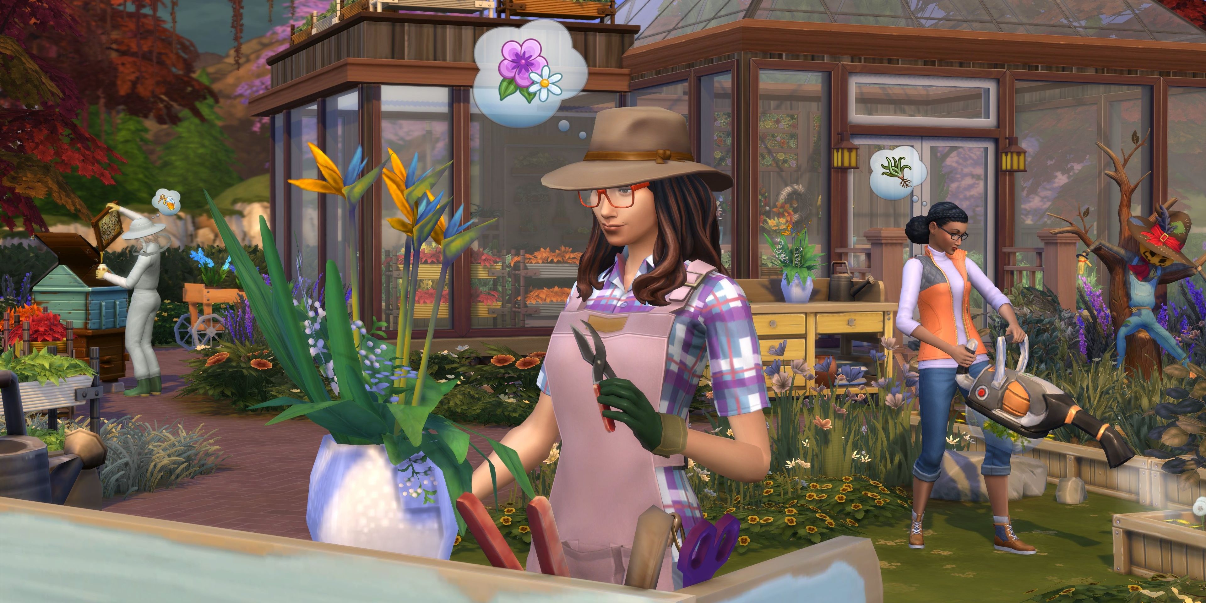 Three Sims performing outdoor Earth Day holiday activities in a garden.