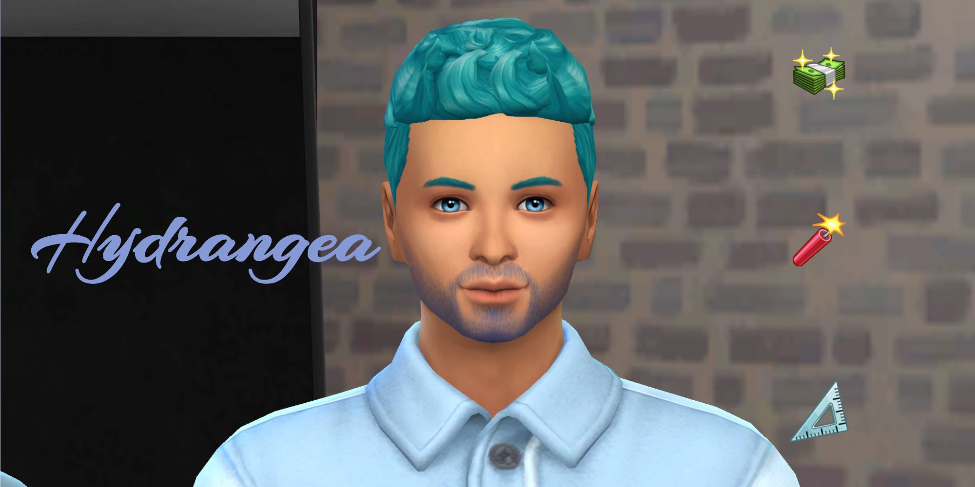 A blue-haired Sim from the hydrangea generation