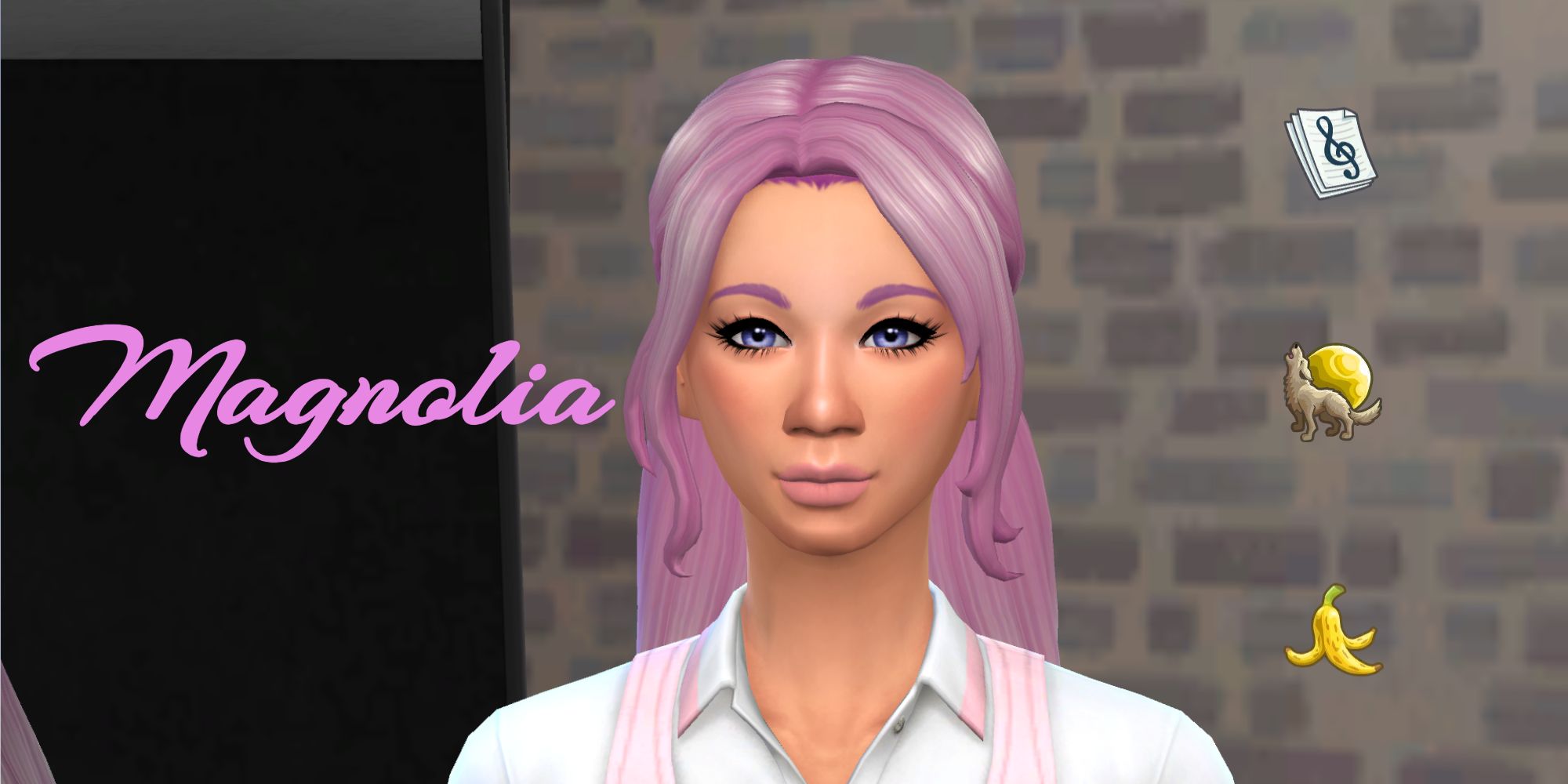 A pink-haired Sim from the magnolia generation