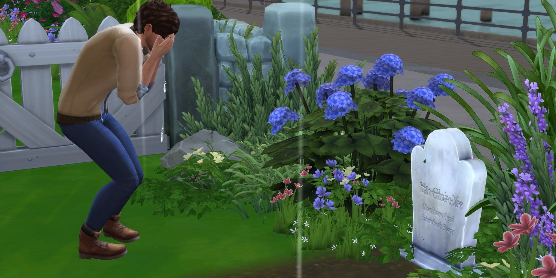 On the Memorial Day holiday, a Sim is mourning a loved on at a gravesite adorned with flowers