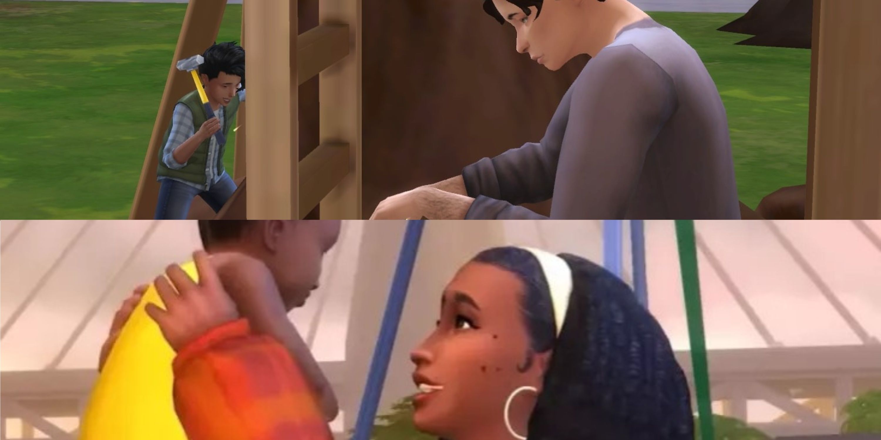 A father Sim builds a treehouse with his son on Father's Day and a mother Sim holds her baby on Mother's Day