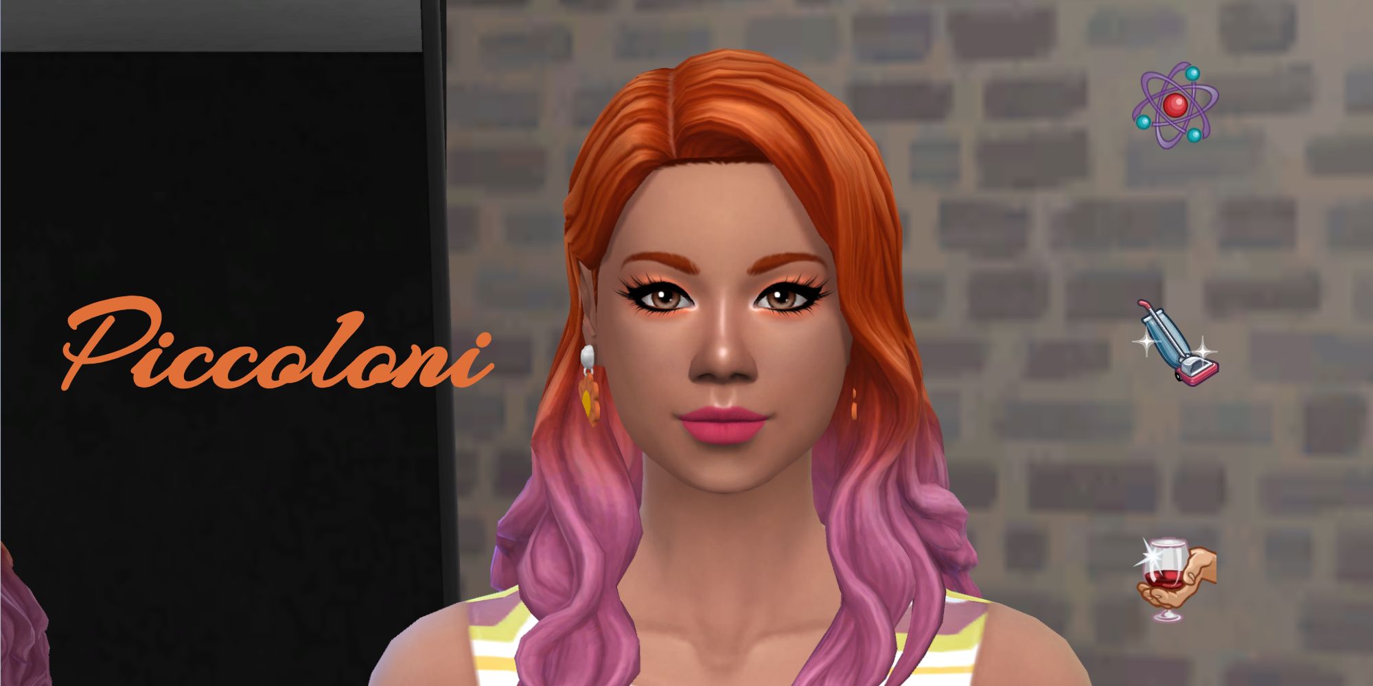 A orange and pink-haired Sim from the piccoloni generation