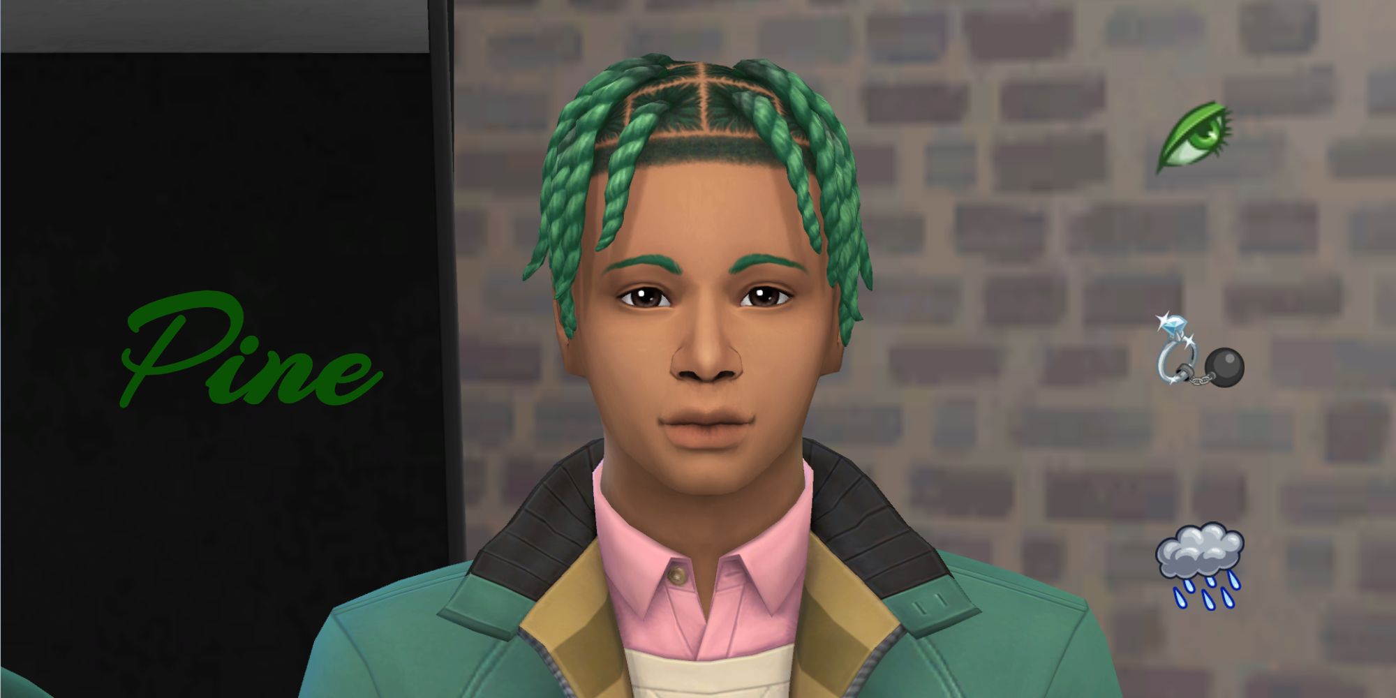 A green-haired Sim from the pine generation