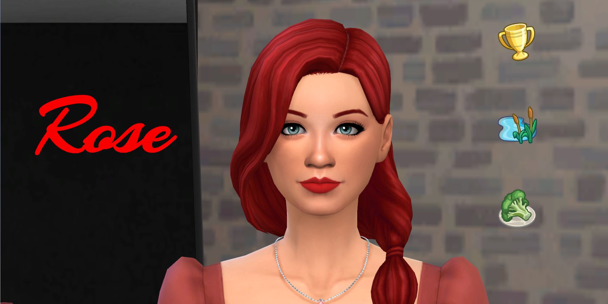 A red-headed Sim from the rose generation