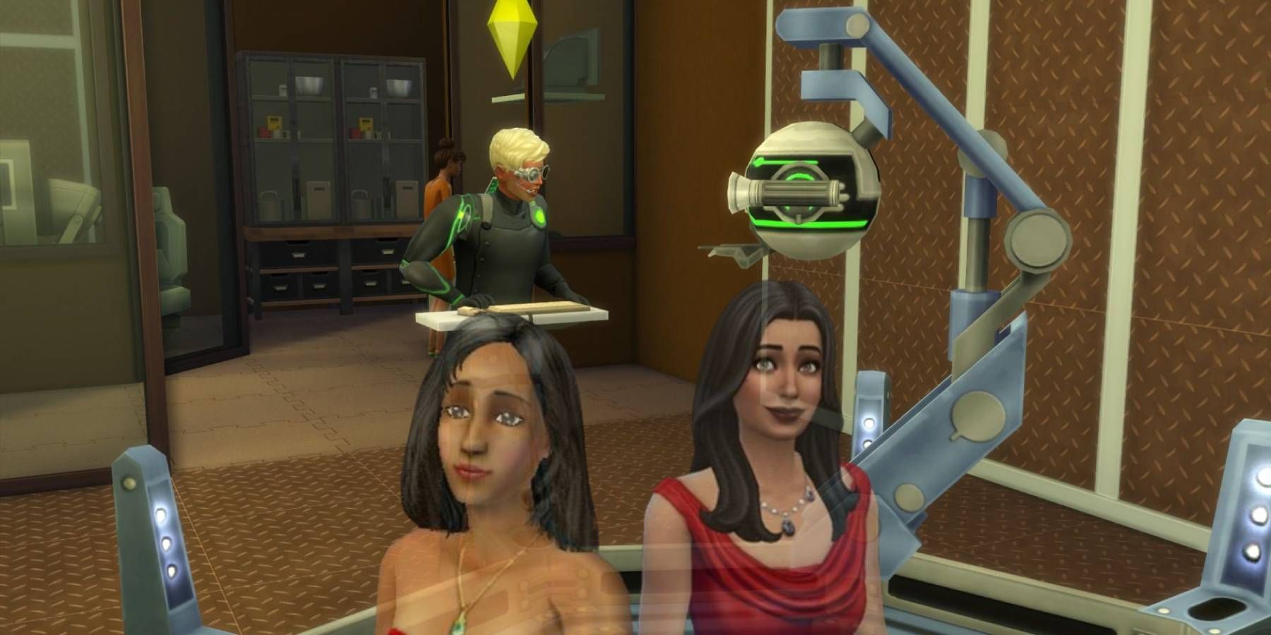 A scientist in The Sims 4 running an experiment with two versions of Bella Goth in the foreground