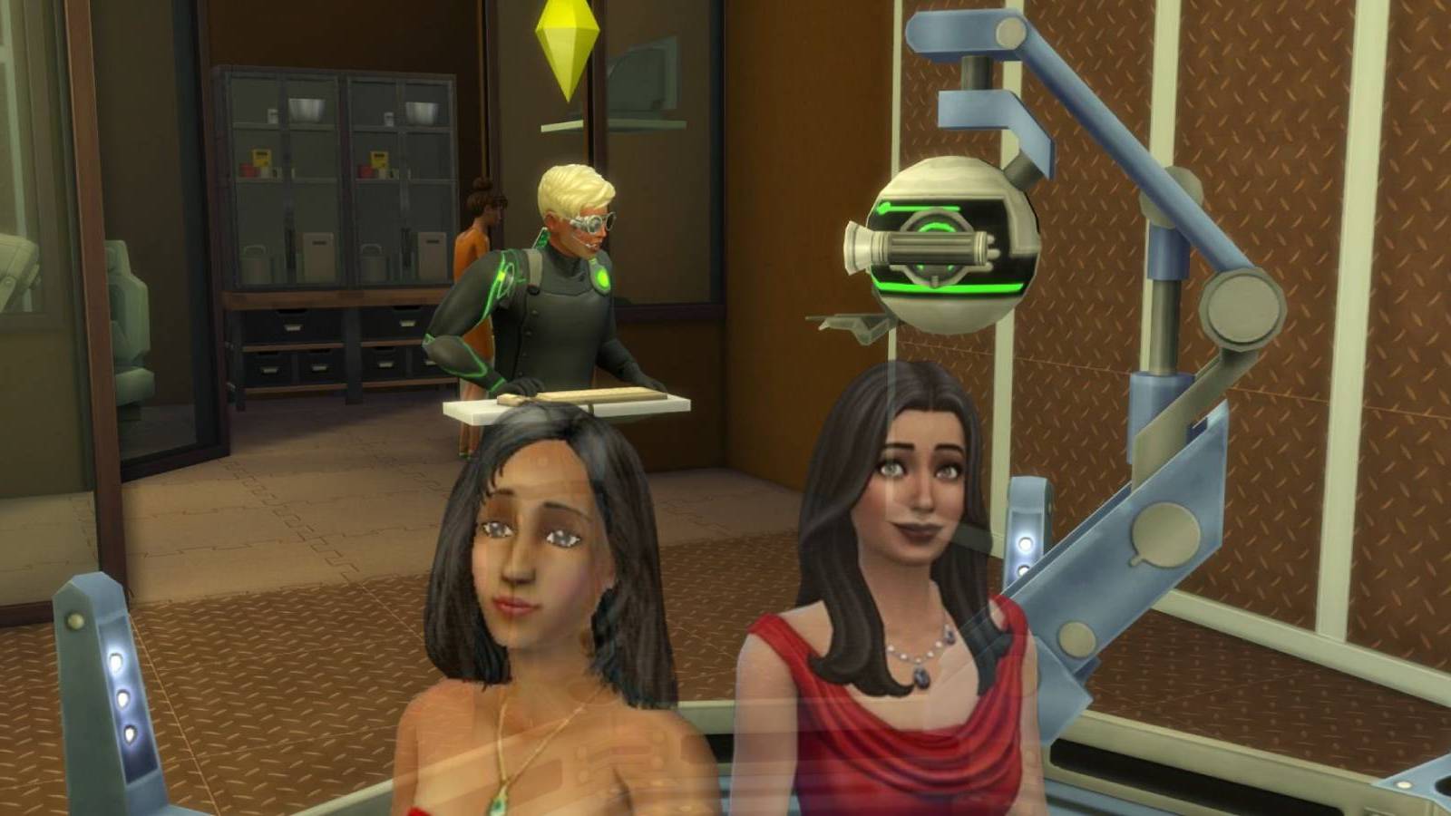 A scientist in The Sims 4 running an experiment with two versions of Bella Goth in the foreground