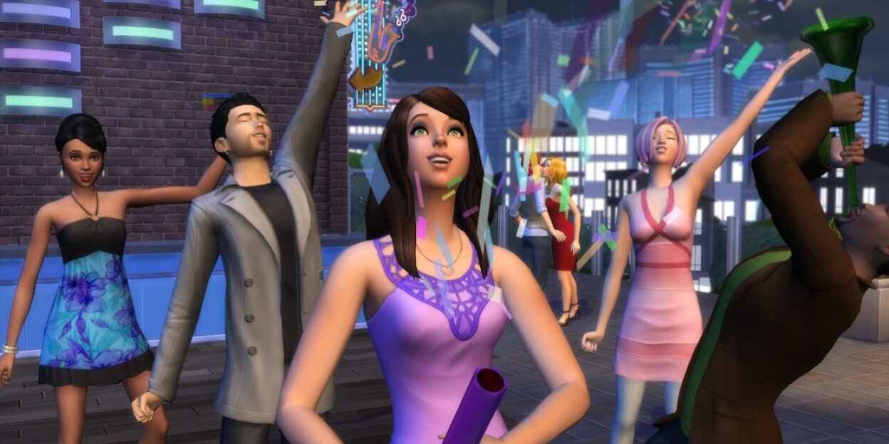 Sims are celebrating the Simdependence Day holiday at a party blowing horns and throwing confetti
