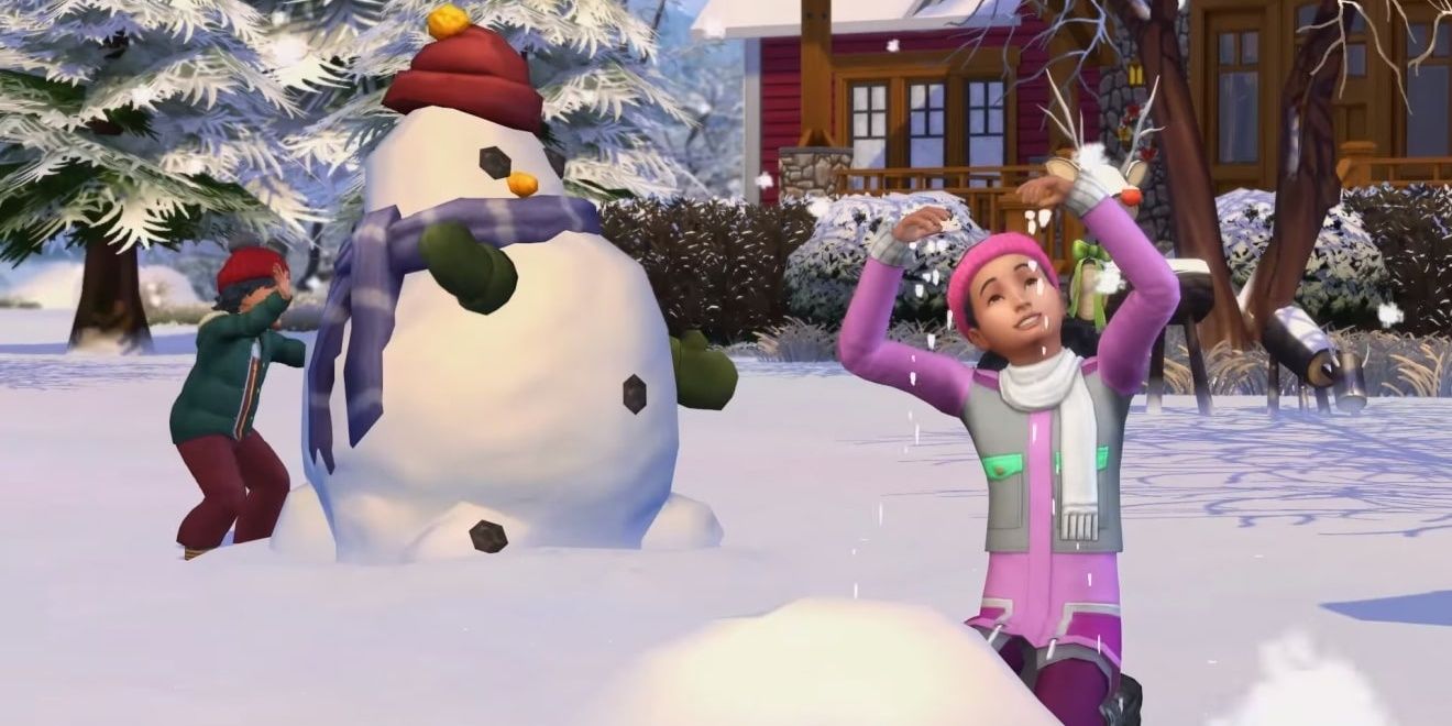 On the snow day holiday, two child Sims are playing in the snow and making snow pals