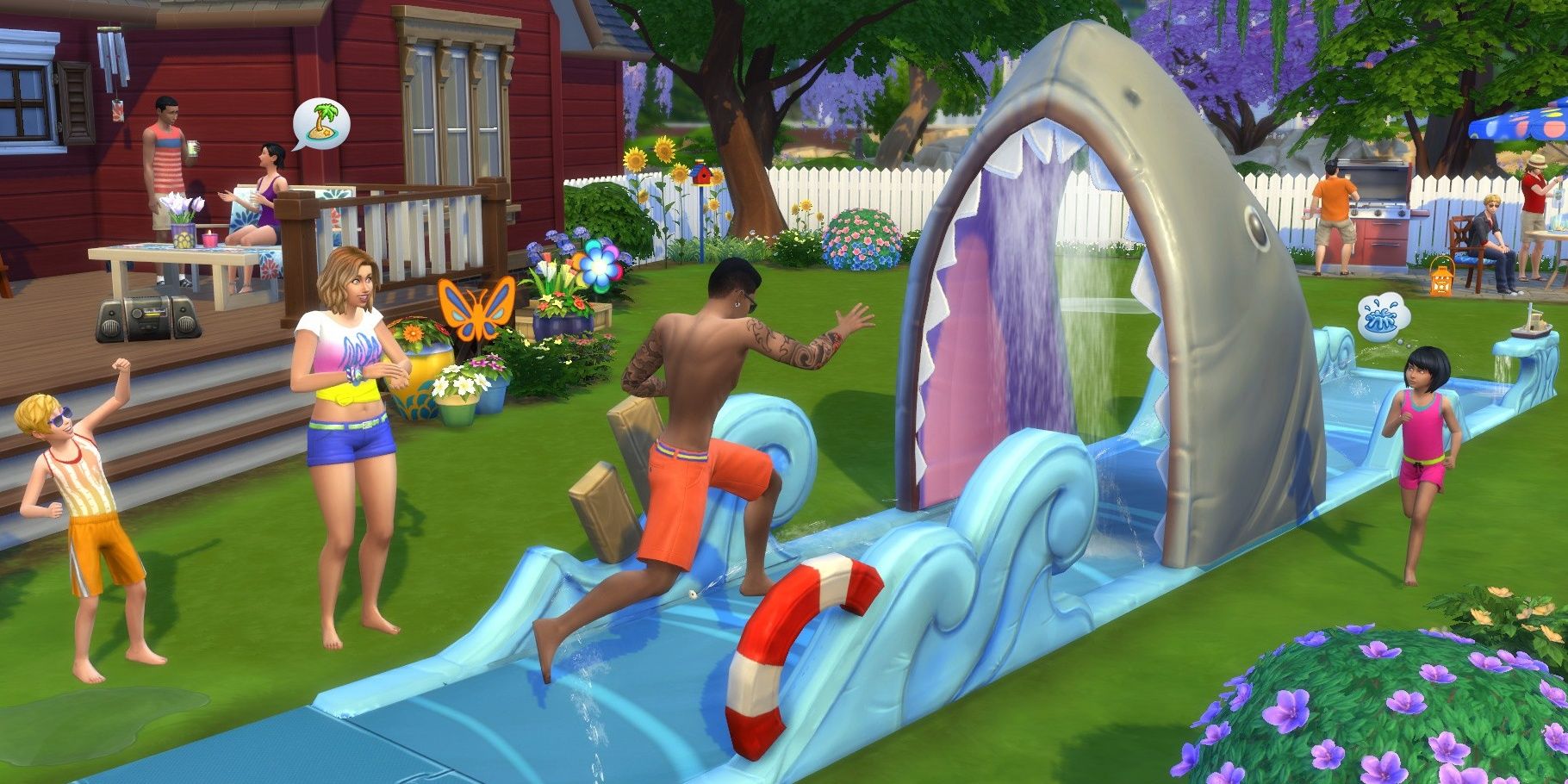 Sims at a barbeque enjoying the water slide in their backyard on the Summer Break holiday