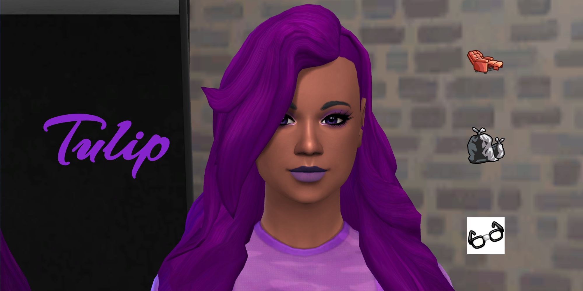 A purple-haired Sim from the tulip generation