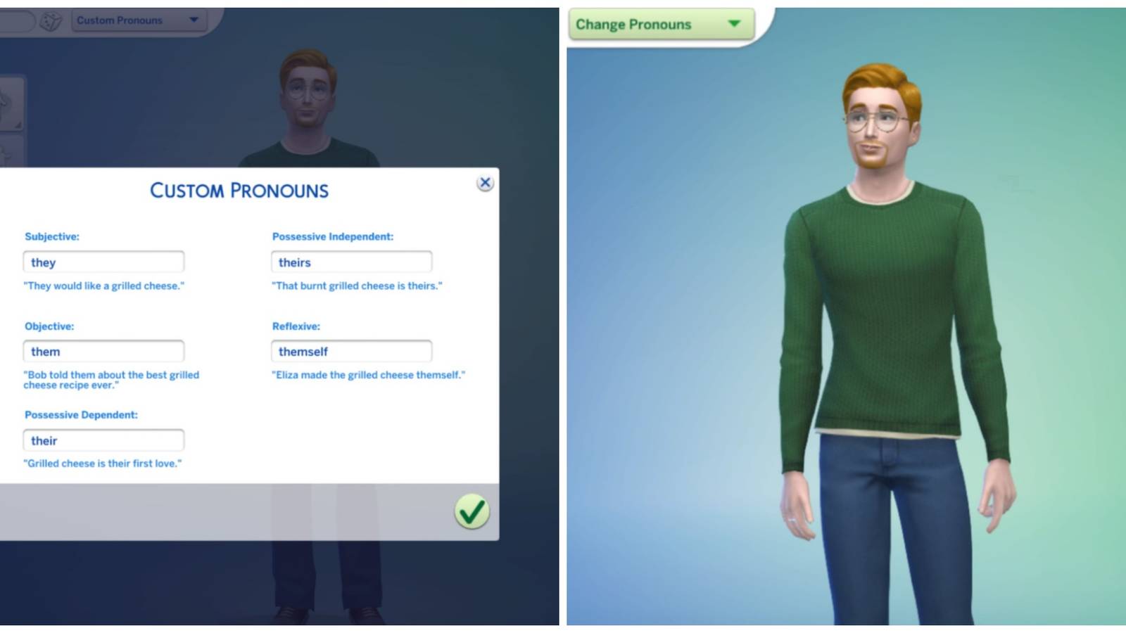 Changing a Sims pronouns in The Sims 4
