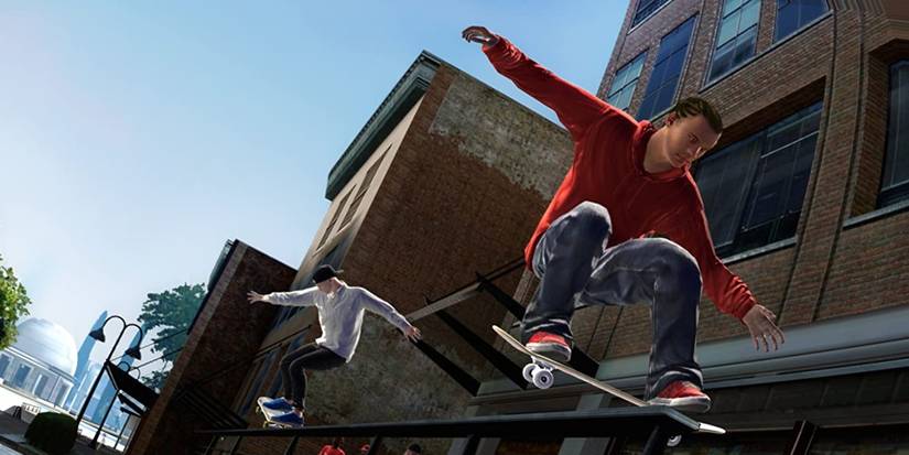 Two skaters grinding on a rail in Skate