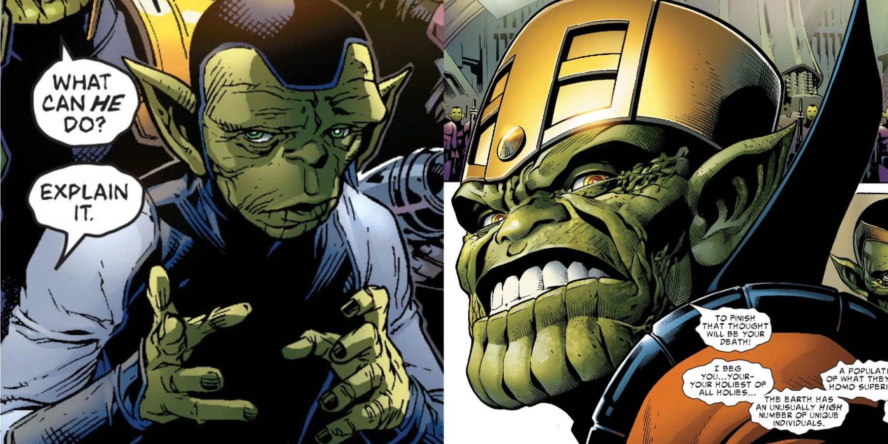 A split image features Skrulls scientist Dro'ge and Emperor Dorrek in Marvel Comics