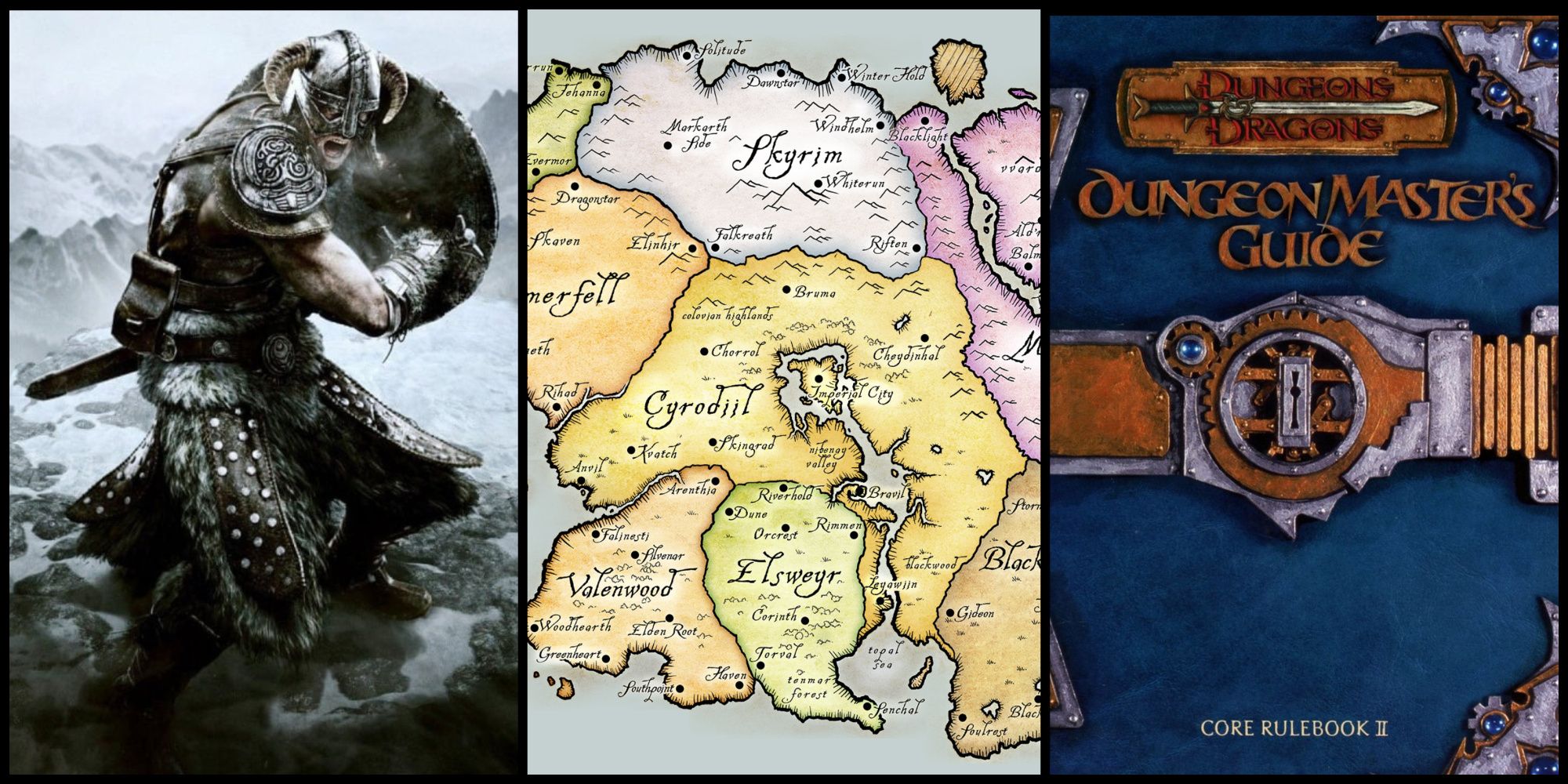 The Dragonborn, A Map of Tamriel and the D&D Dungeon Master Guide.