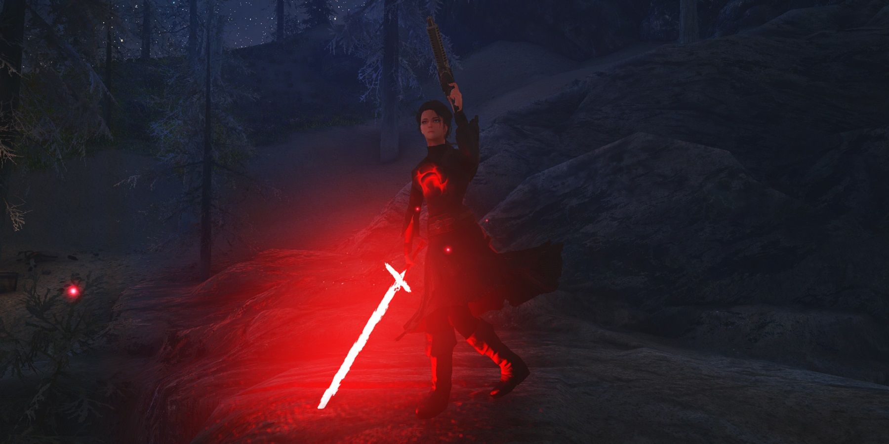 Image from Skyrim showing the player holding a red crossguard lightsaber from Star Wars.