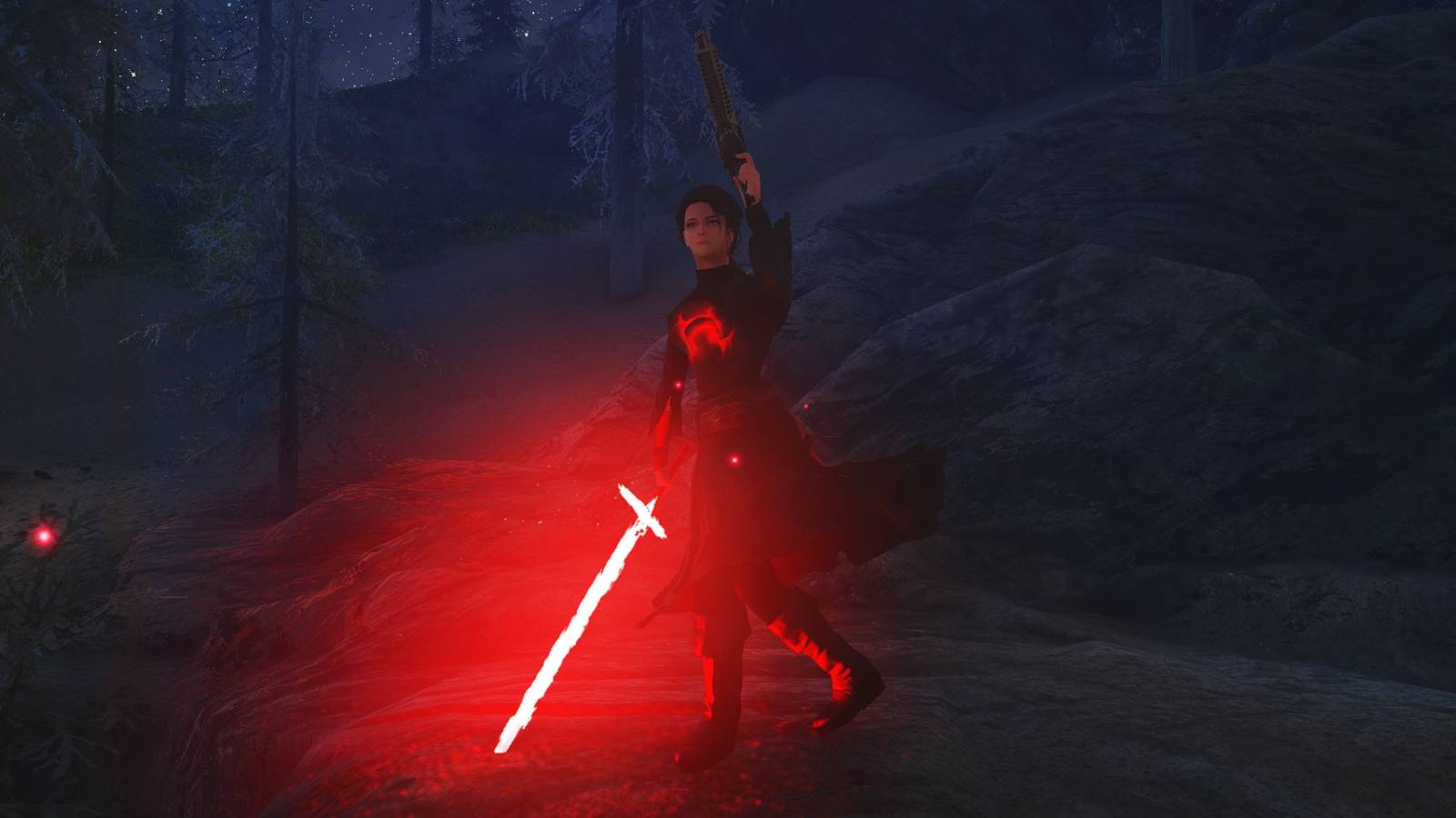 Image from Skyrim showing the player holding a red crossguard lightsaber from Star Wars.