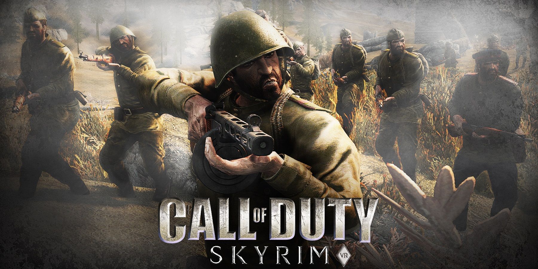 Call of Duty image showing a bunch of soldiers with the Skyrim VR logo at the bottom.
