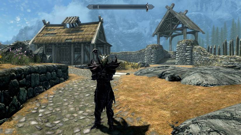 Image from Skyrim showing the player kitted out in Daedric armor.