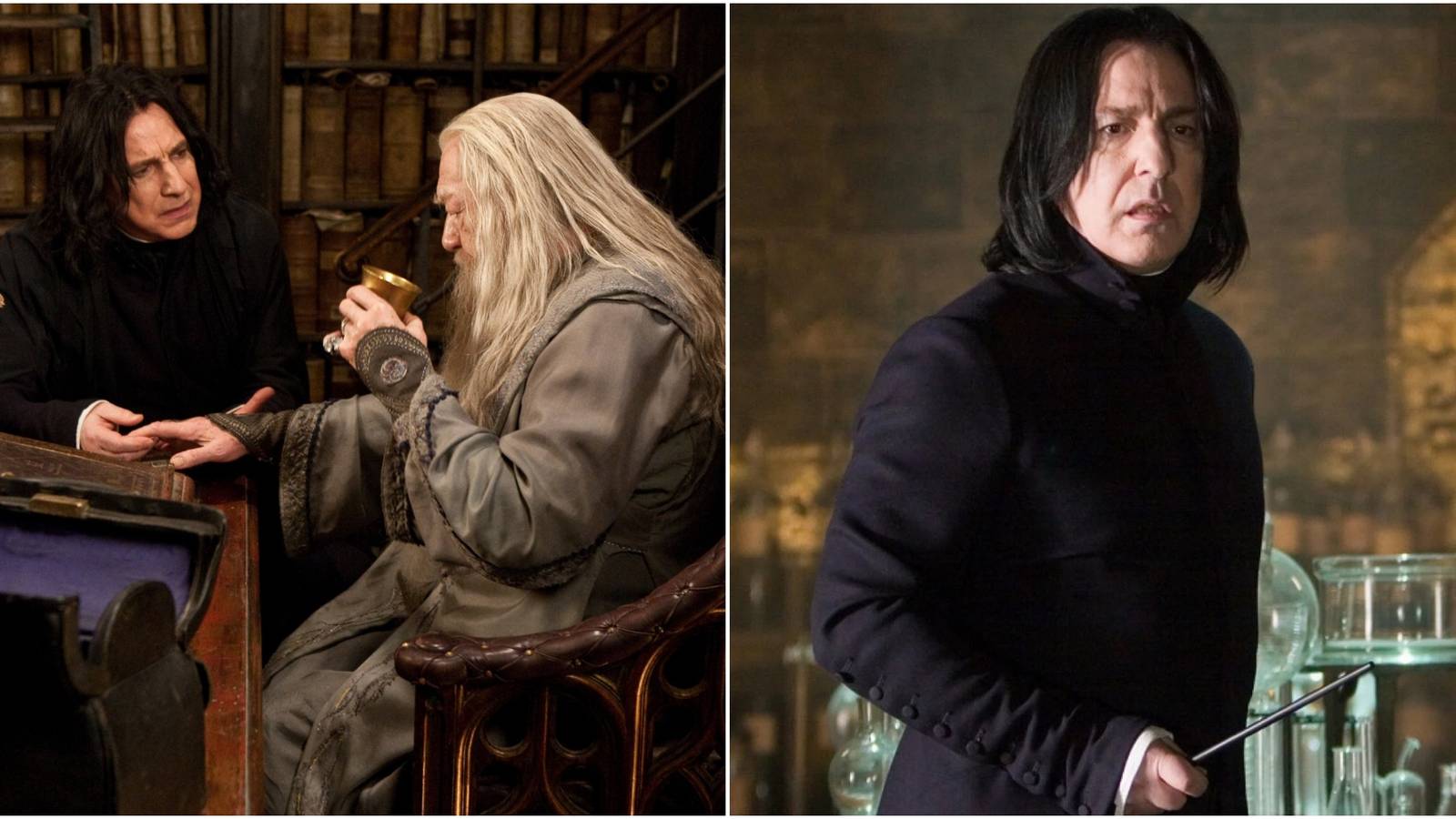 Split image of Severus Snape and Dumbledore in Harry Potter. 