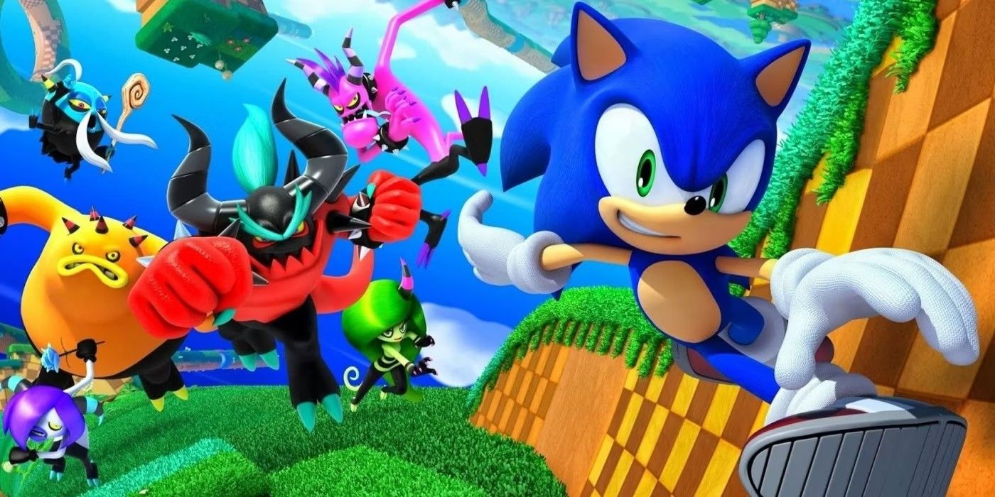 Sonic Dash promo shot of Sonic, friends and villains in Green Hill Zone