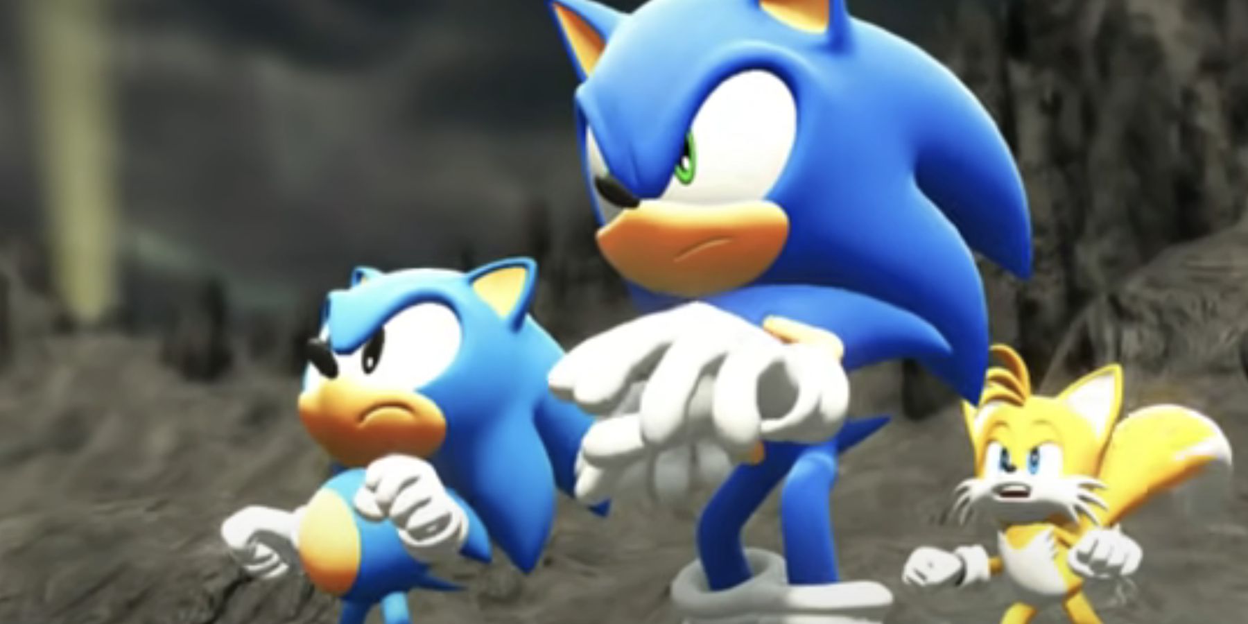 Sonic and Classic Sonic face an enemy with Tails in the background