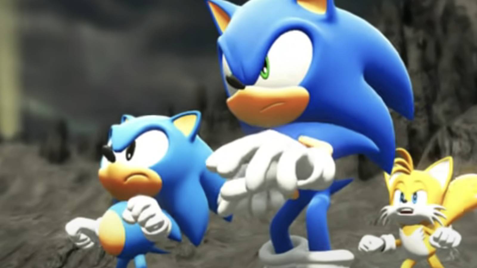 Sonic and Classic Sonic face an enemy with Tails in the background