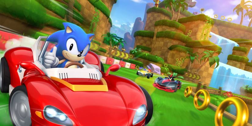 Sonic Racing Apple Arcade promo of Sonic skidding in Green Hills course