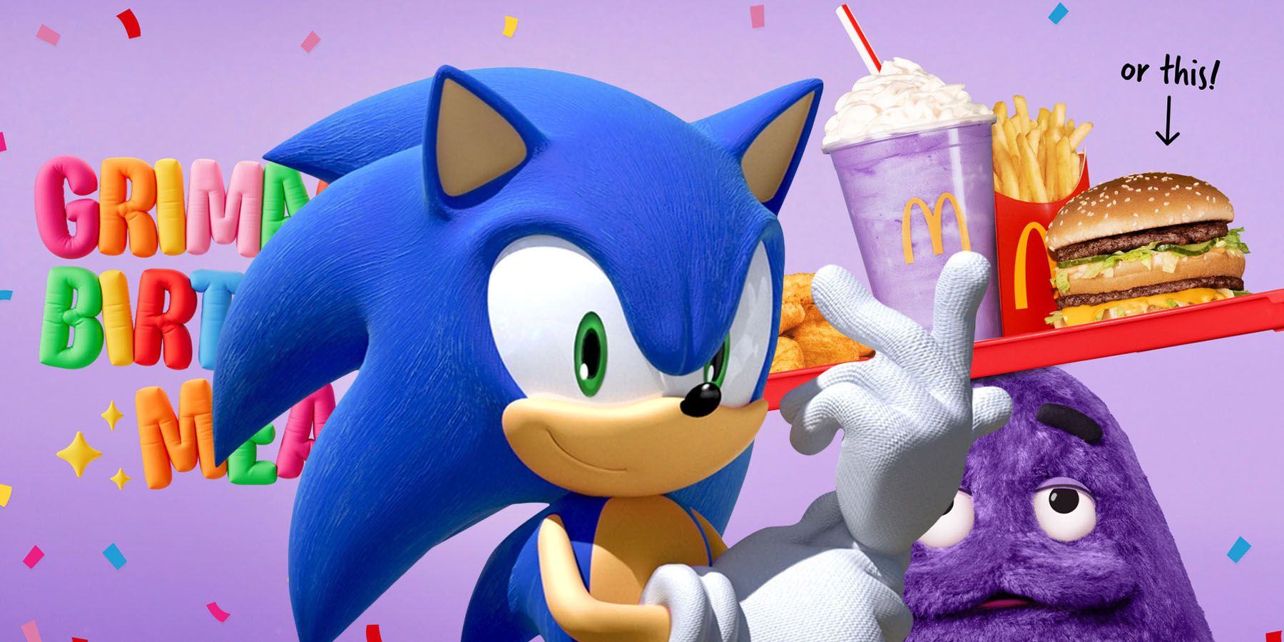A screenshot of Sonic the Hedgehog standing in front of Grimace and his McDonald's birthday shake with a purple background.