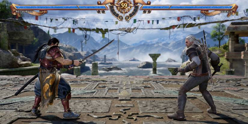 Two characters facing off ob a mao of ocean and stone, one of the characters being Geralt from famed RPG franchise the Witcher. 