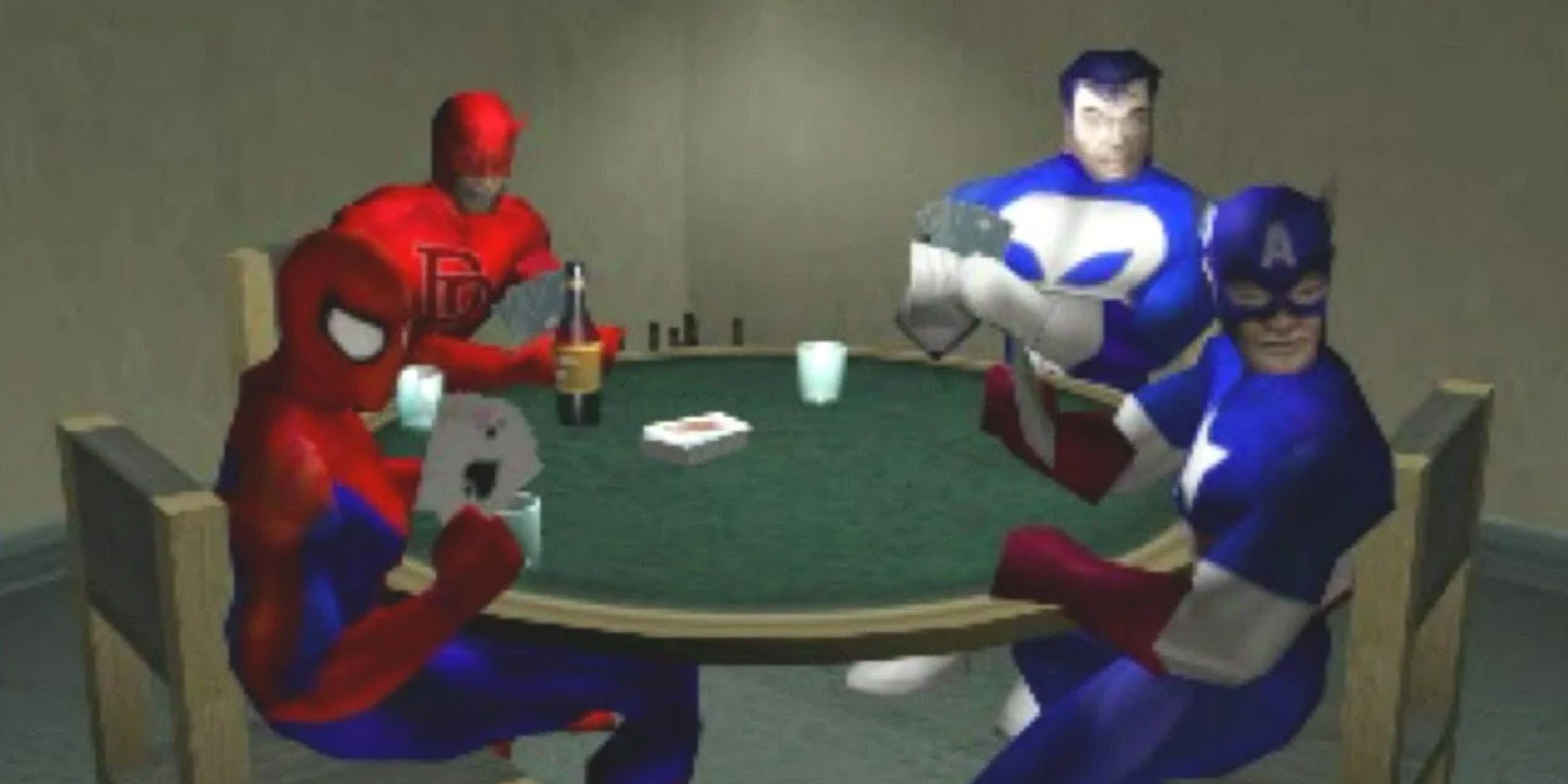 spider-man, daredevil, captain america and punisher playing poker in 2000's spider-man game