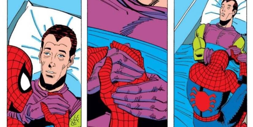 spider-man holding harry osborn's hand as he dies
