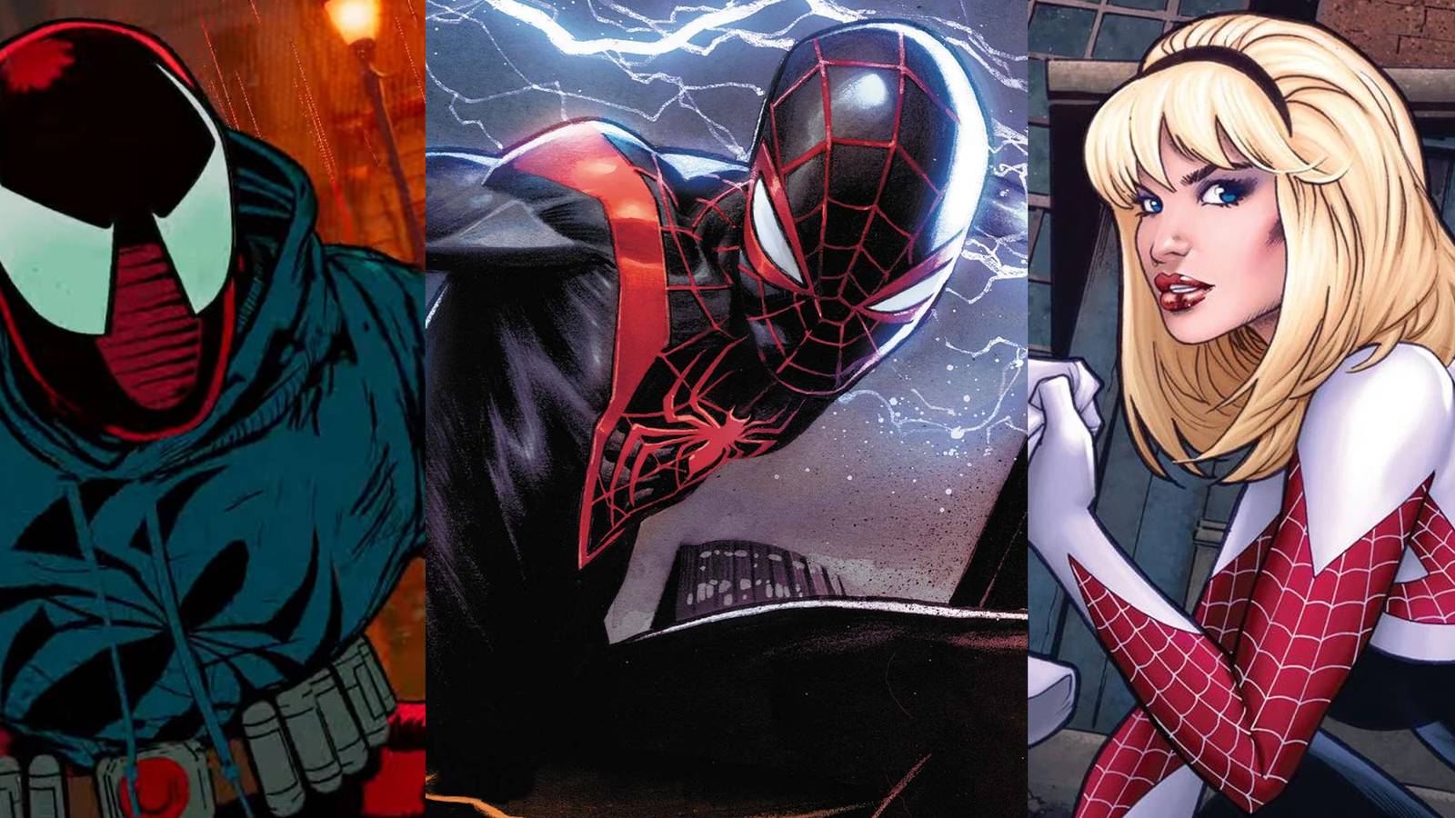 Scarlet Spider in Across the Spiderverse; Miles charging an electric punch; Spider-Gwen with her mask off