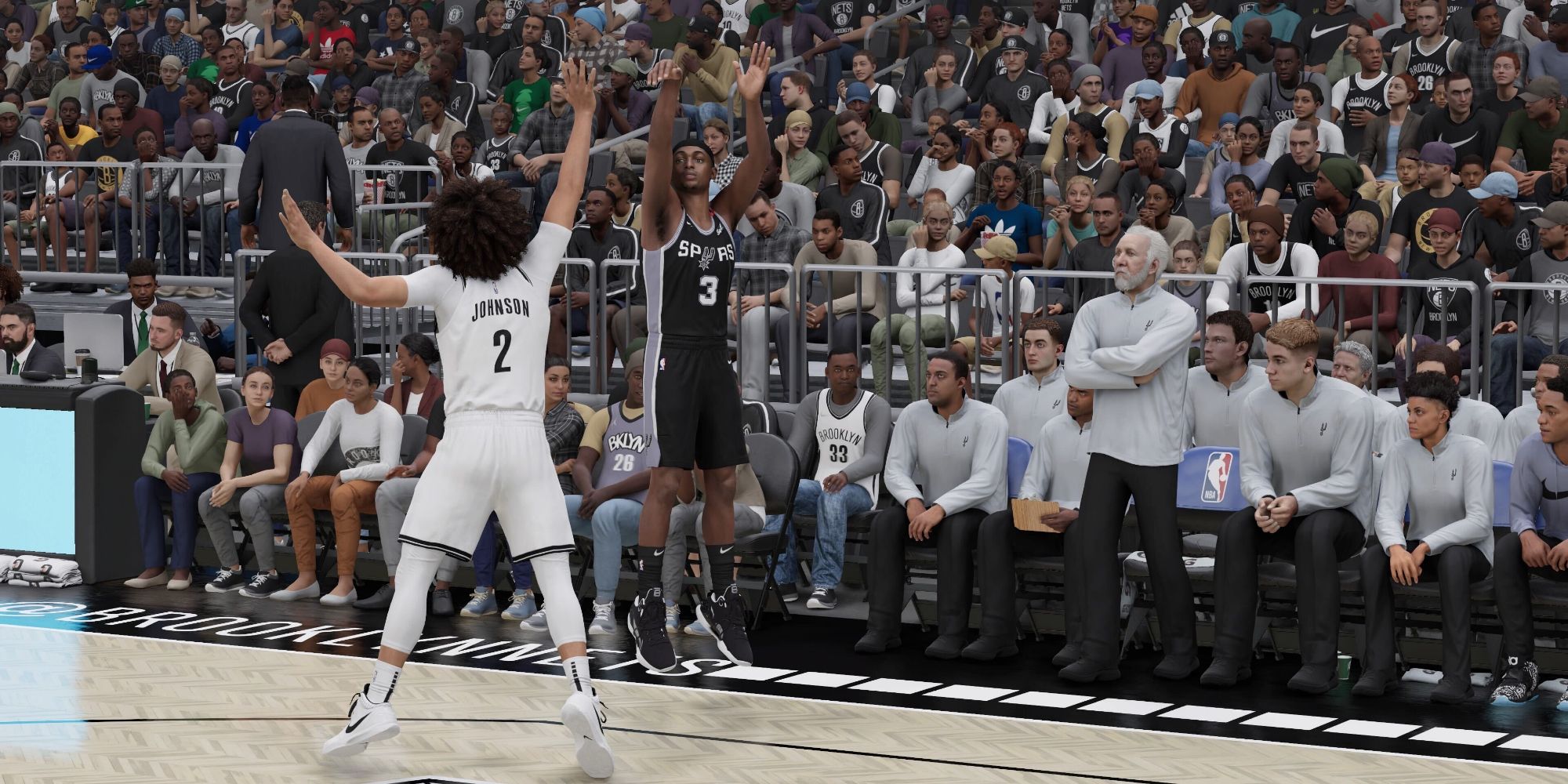 Keldon Johnson taking a 3 point shot for the San Antonio Spurs as coach Greg Popovich looks on in NBA 2K23