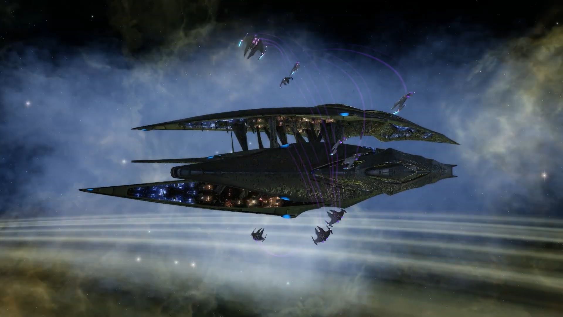 A imposing alien warship surrounded by small fighter craft.