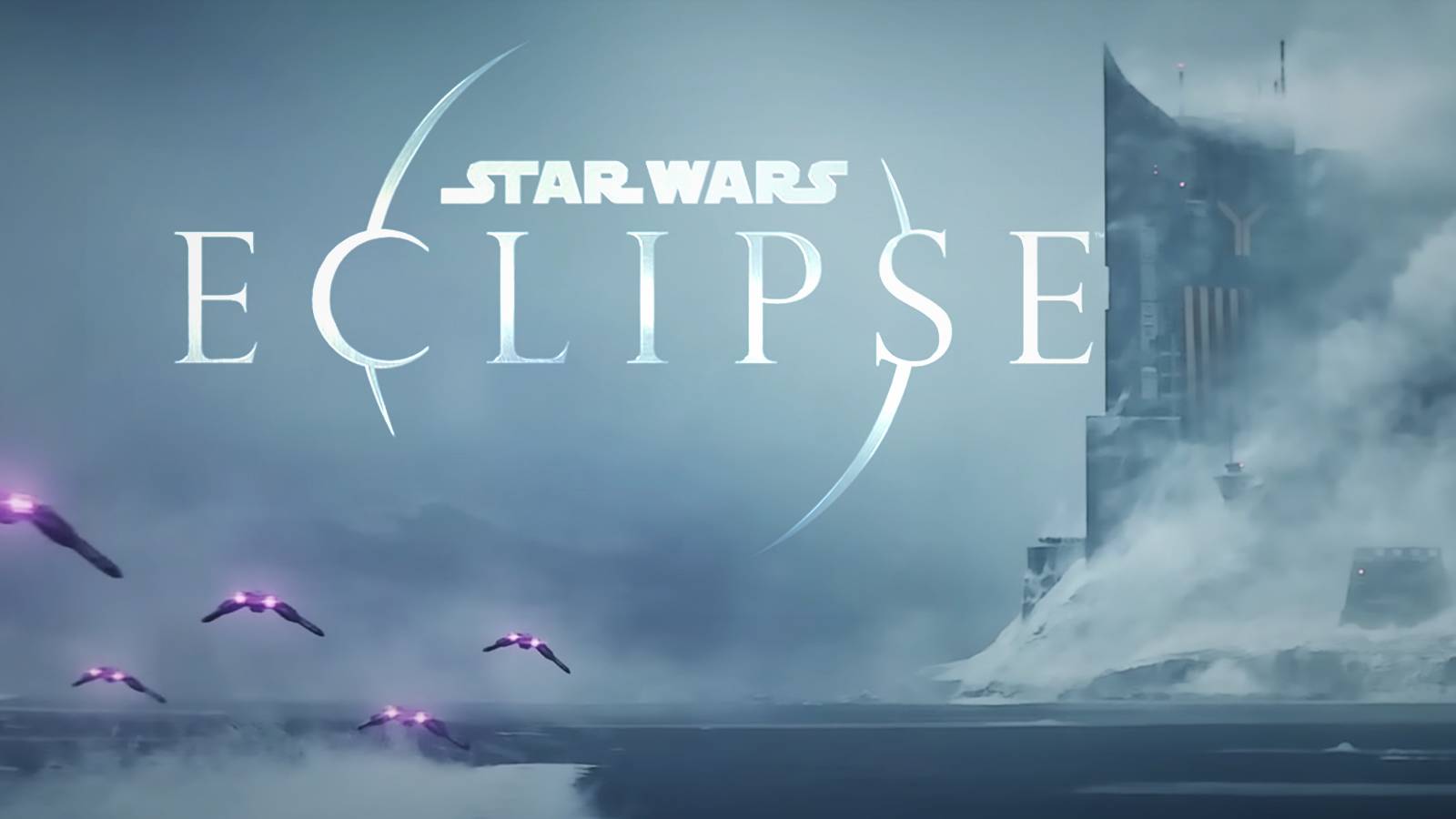 Star Wars Eclipse cinematic reveal trailer beach spaceship fleet screenshot with logo
