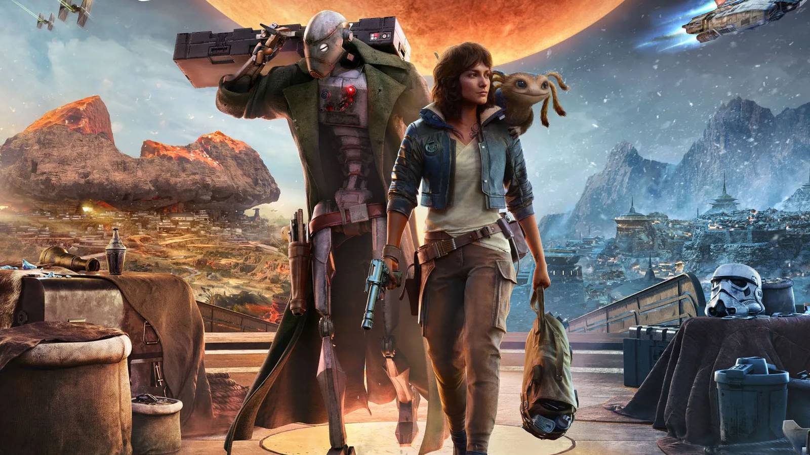 A promotional image of the main protagonist and her droid companion in Star Wars Outlaws.