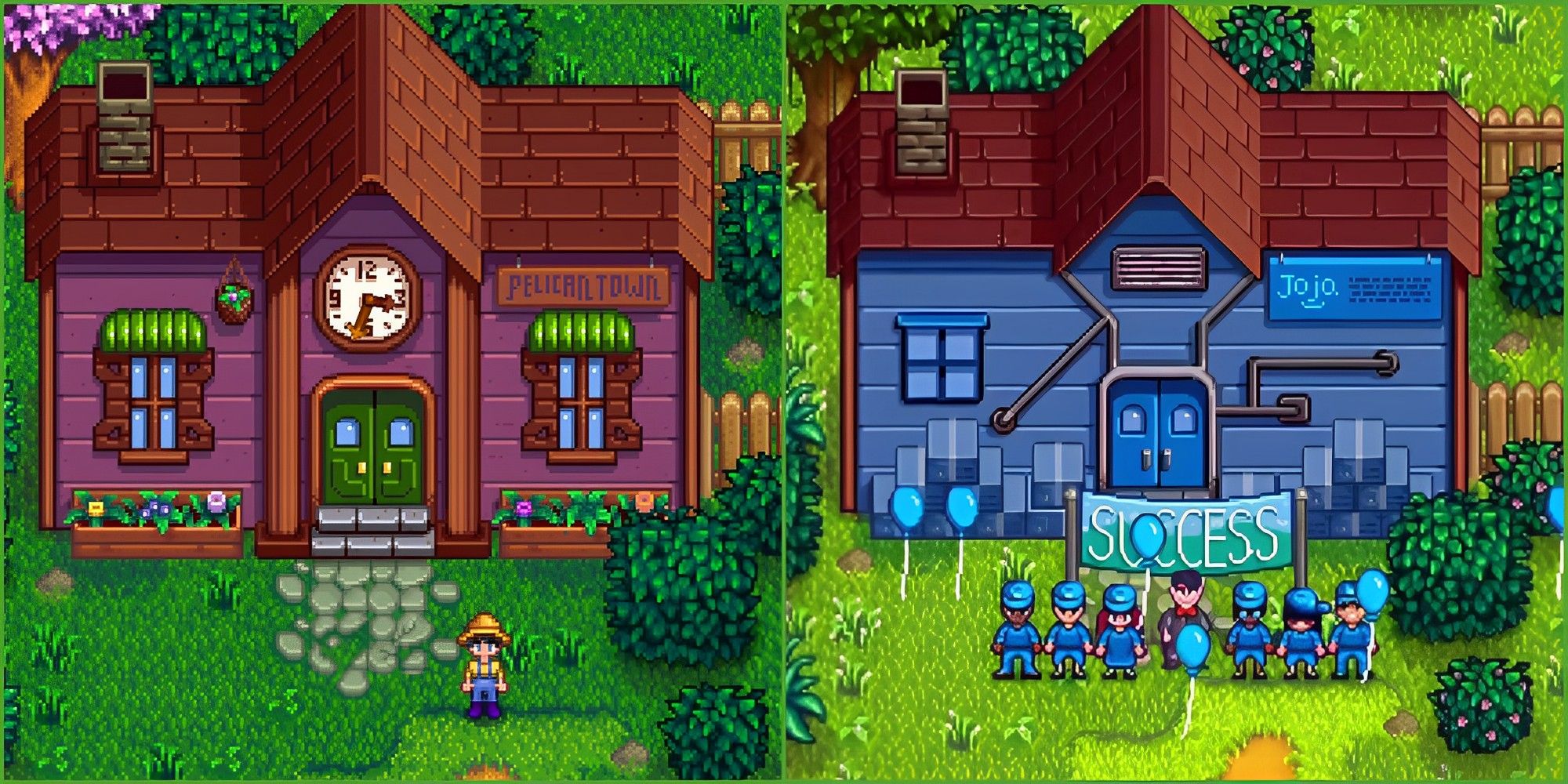 Completed versions of the Community Center and Joja Warehouse side by side