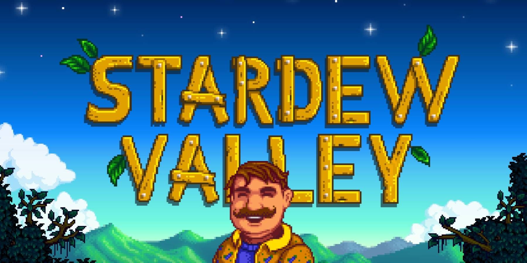 Gus from Stardew Valley with the game's logo