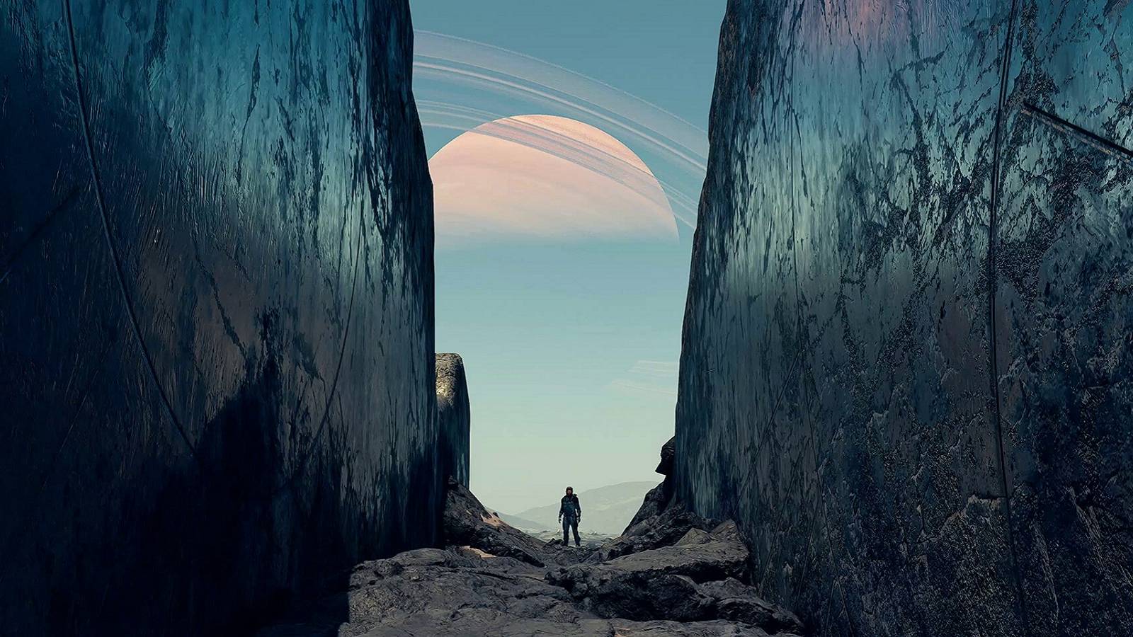 Image from Starfield showing an astronaut in between a large valley.