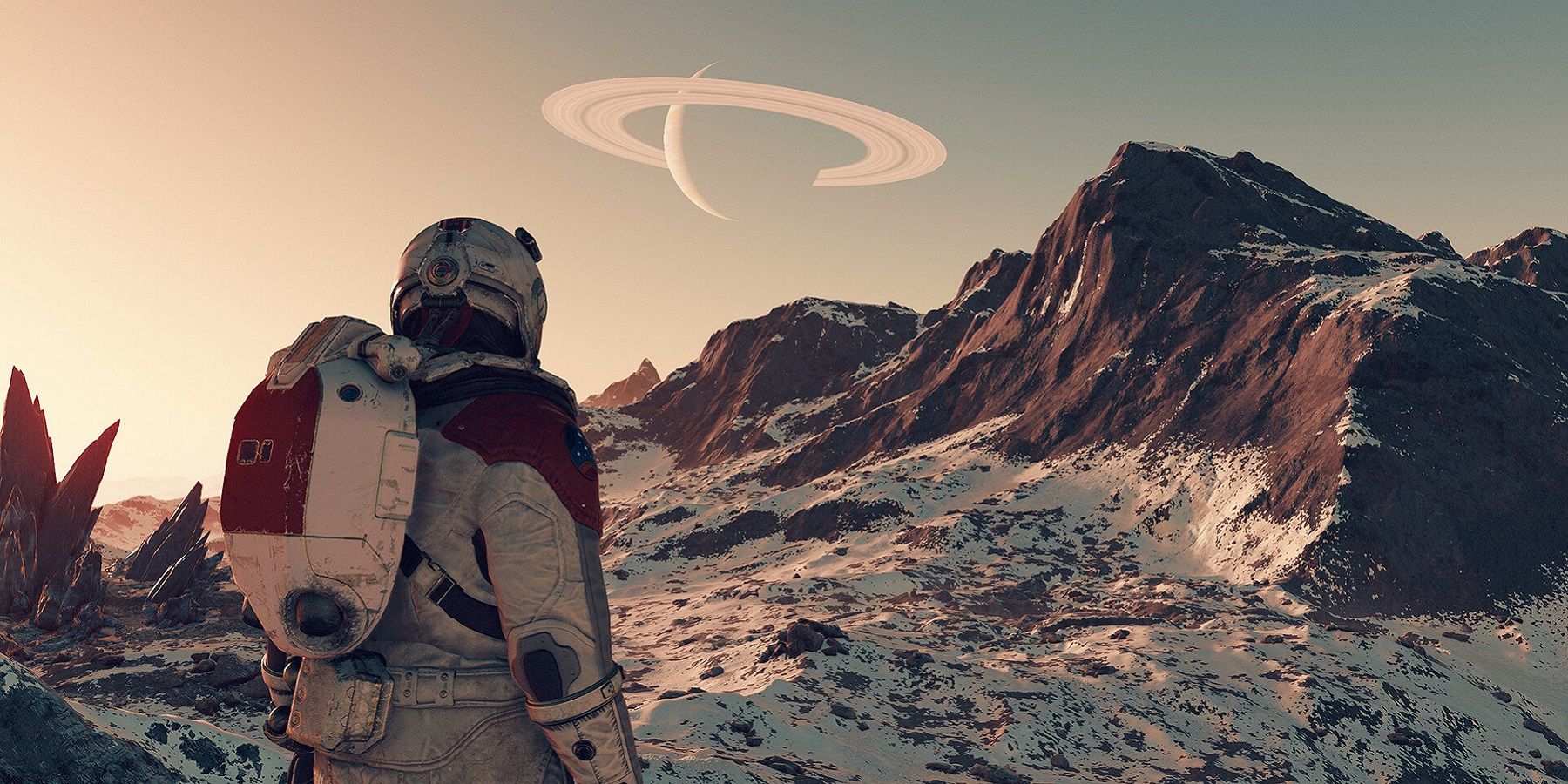 Image from Starfield showing an astronaut on a snowy planet looking at the darkening sky.