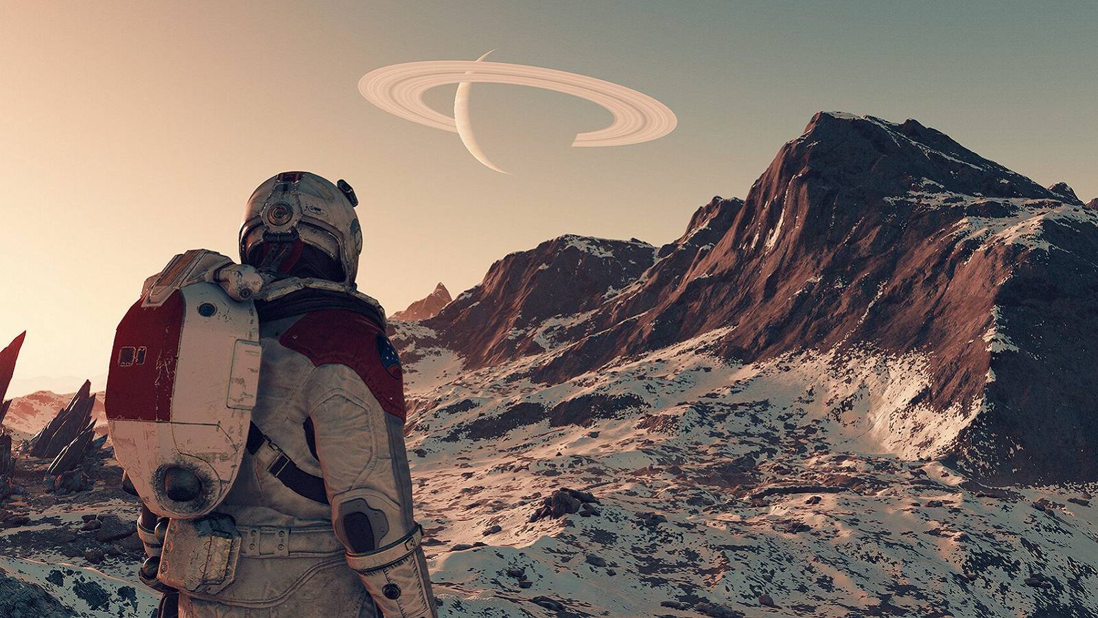 Image from Starfield showing an astronaut on a snowy planet looking at the darkening sky.