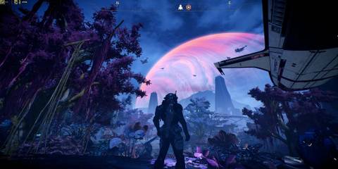 Mass Effect Andromeda - figure standing in the middle of a jungle looking up at a planet next to a ship