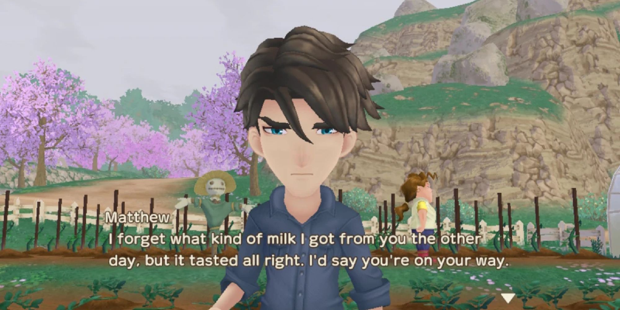 Matthew frowns at the player as they stand together in the farm. Text beneath him reads 'I forget what kind of milk I got from you the other day, but it tasted all right. I'd say you're on your way.'